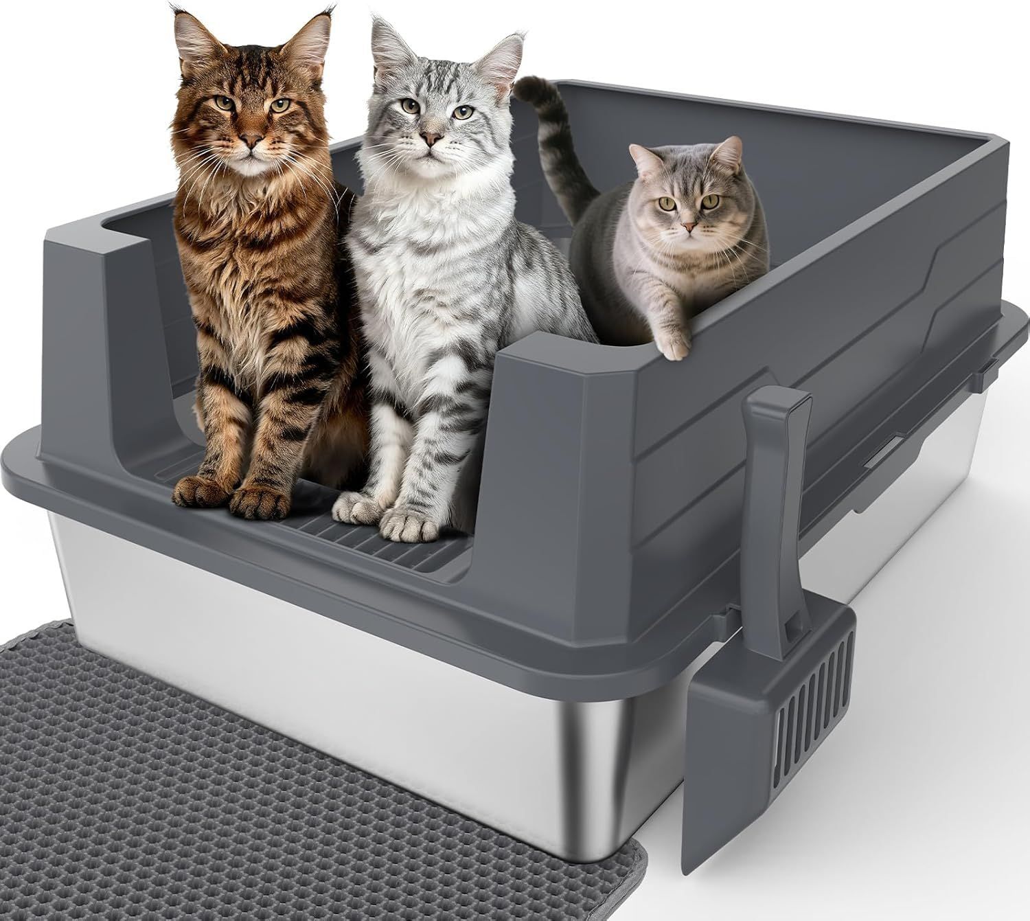 Korekaou ステンレス 猫 トイレ 本体セット 猫砂マットとスコップ付き 猫のトイレ ハイサイド 飛び散り防止 ノンスティック お手入れ簡単 清潔 (ダークグレー, XL「70*50*31cm」)