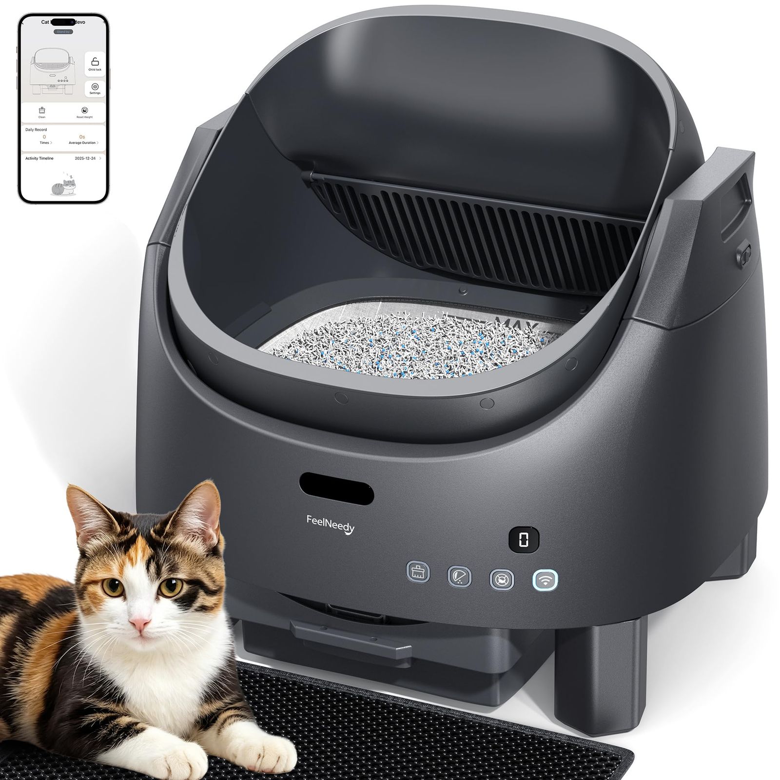 FEELNEEDY 猫 自動トイレ オープンタイプ 広々出入り自由 大型 臭いが漏れにくい スマホ管理 全自動 お留守番対策 センサー搭載 大容量10Lゴミボックス 省エネ 静音デザイン 多猫家庭対応 組み立て簡単 IOS/Android対応 日本語説明書 4