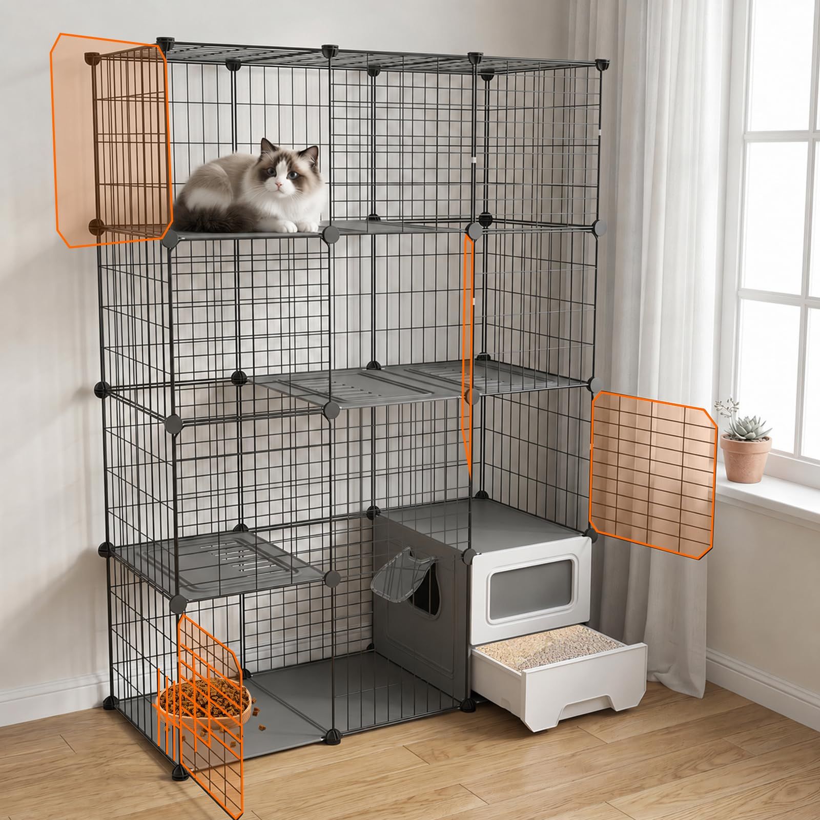Tehiro 猫 ケージ 4階 トイレ付き 猫用 トイレ一体型 防臭 飛散軽減 キャットフェンス 多頭飼い 引き出し 組立簡単 掃除しやすい コンパクト 脱走防止 保護用 室内用 取り外し可能な 快適なスペース おしゃれ スコップ付き 約幅107x奥行45x高