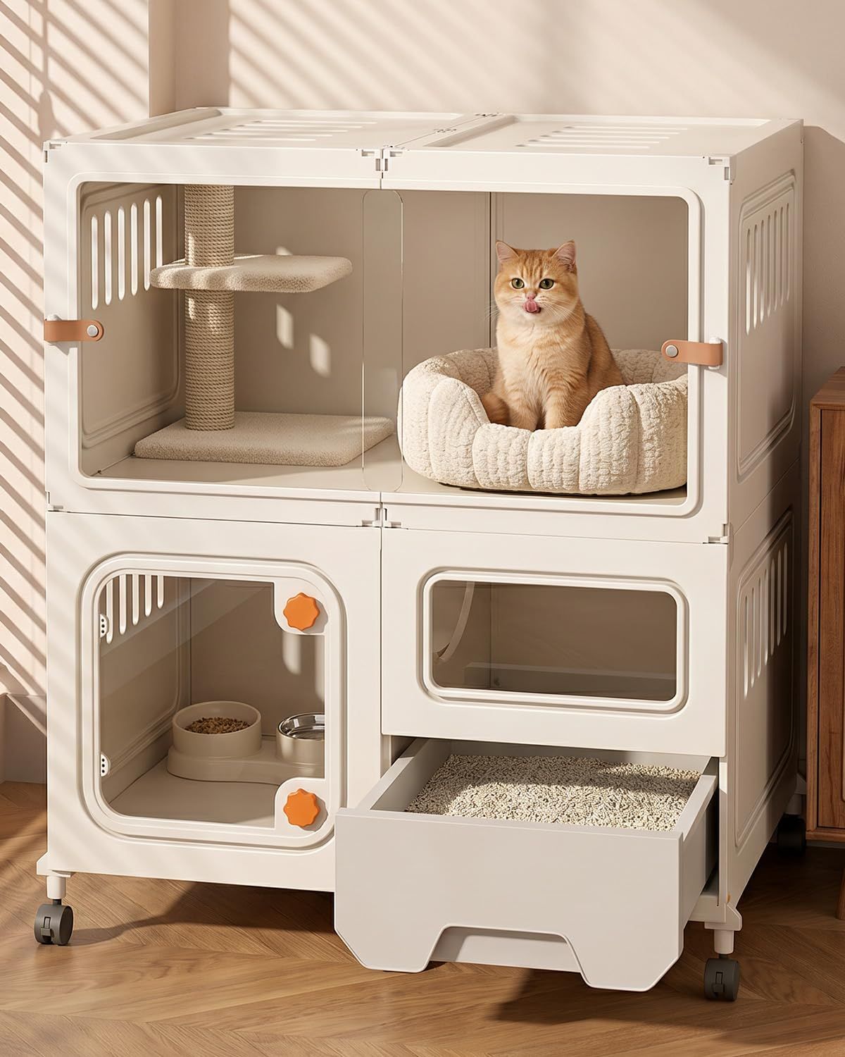 NODIBRO 猫 ケージ 2段 トイレ付き キャスター付き 猫用ケージ トイレ一体型 防臭 飛散軽減 透明引き戸 キャットケージ 引き出し 組立簡単 掃除しやすい コンパクト 脱走防止 保護用 室内用 快適なスペース おしゃれ スコップ付き 約幅72x奥行4