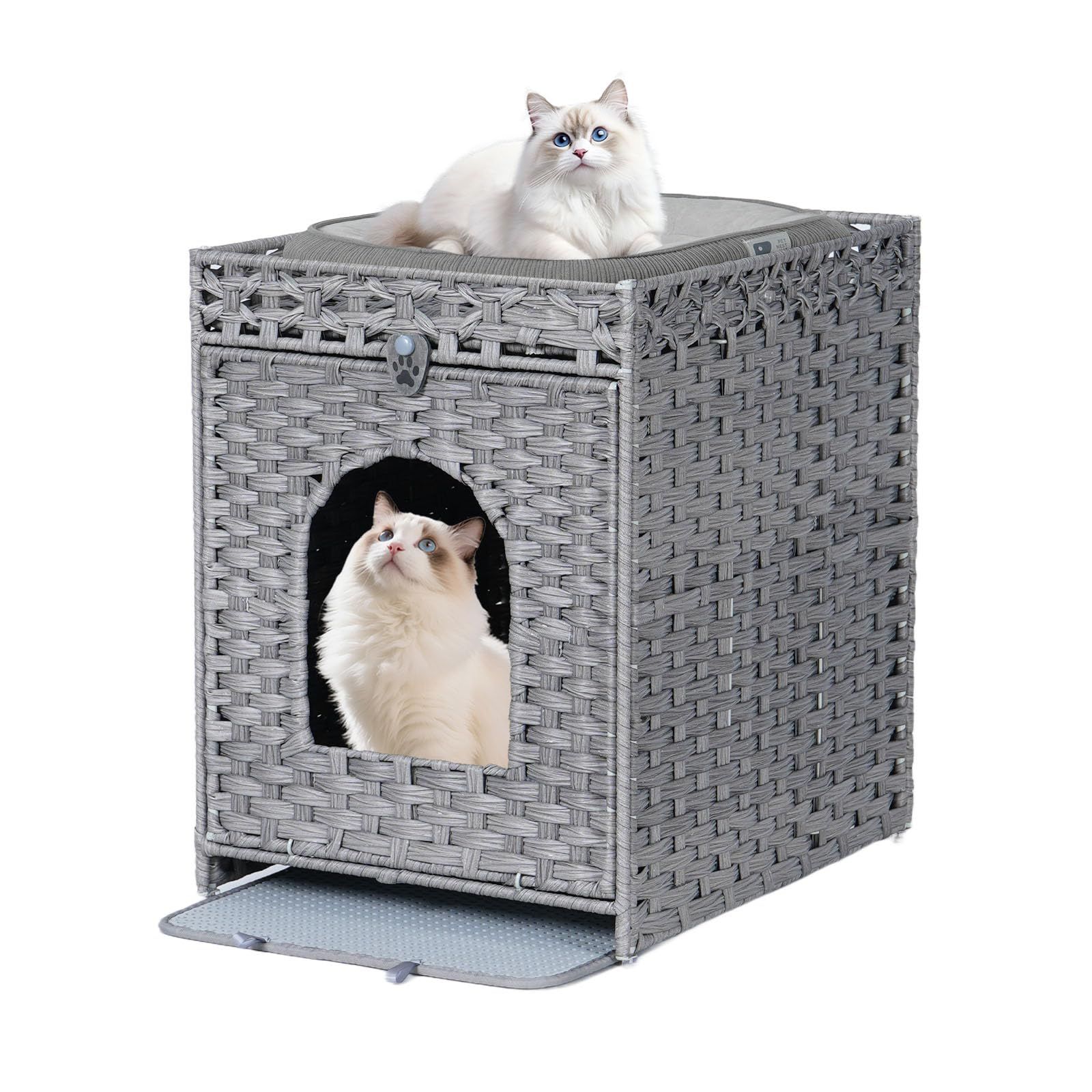 GIIPET 猫 ベッド キャットハウス 手編み藤製ダブルデザインキャットハウス＆猫砂箱 猫トイレカバー 猫砂ボックス収納家具 大容量・通気性 防水・防晒・簡単設置 夜台/サイドテーブルにもなる多機能ペットハウス 53x43x57cm 折りたたみ式 (グレー,