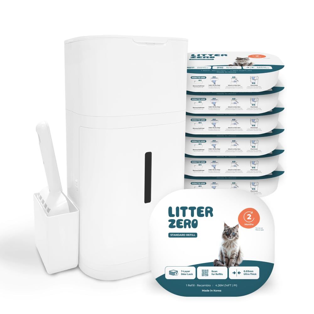 Petsnology Litter Zero リッターゼロ 猫トイレ用ゴミ箱, ホワイト, プラスチック製, 7層臭いロック機能, スコップ付き (リッターゼロ 本体＋リフィル6個セット)