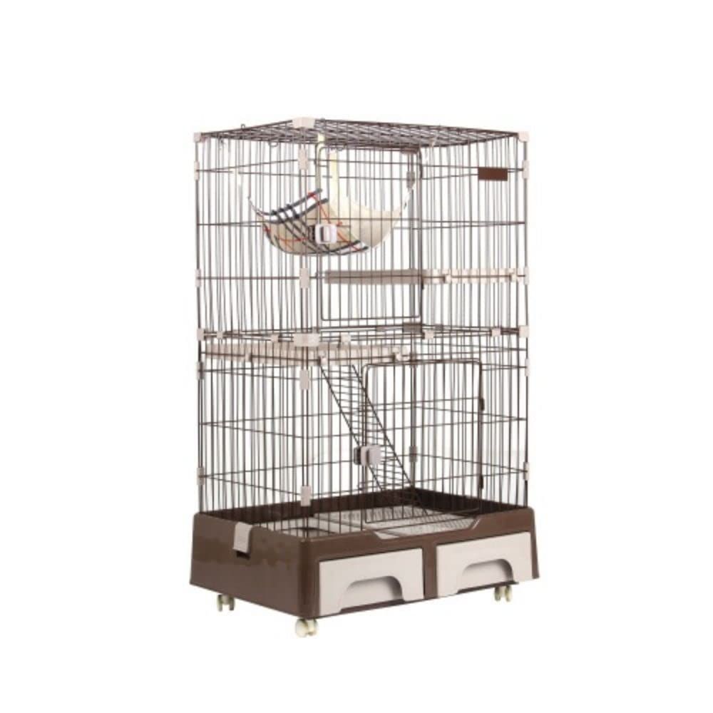 BTM 猫ケージ キャットケージ 2段 猫トイレ付キ ハンモック付キ おしゃれ キャットハウス ネコハウス 留守番 梯子付き 保護 脱走防止 組み立て簡単 多頭飼い 多頭 ペットケージ コーヒー