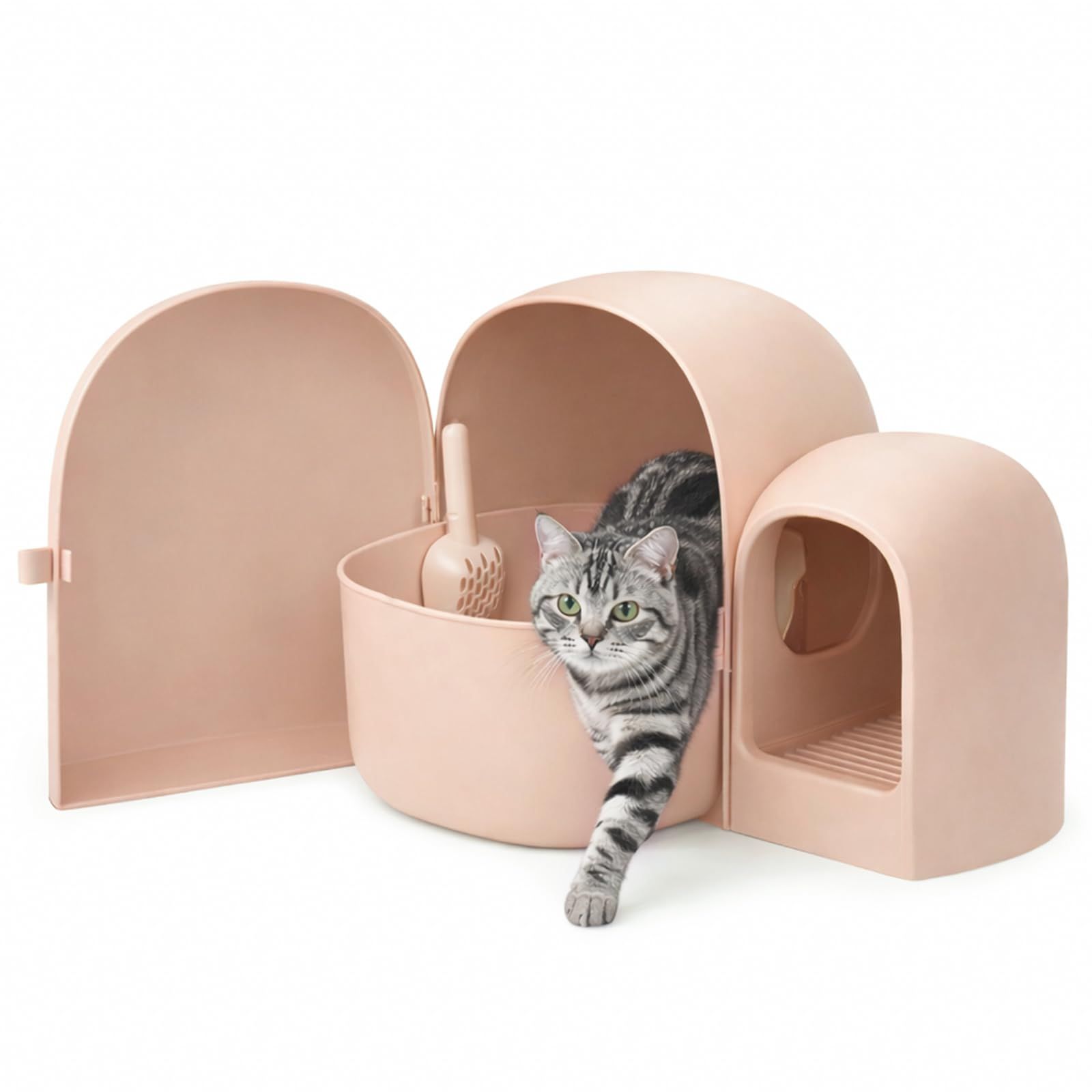 STEEL-LAND 猫トイレ 大型 大きめ ドーム型 カバー付き 猫砂トイレ 臭わない 防臭 消臭 深型設計 飛び散り防止 ダブル砂落とし 大容量 スコップ付き お手入れ簡単 PP素材 丈夫