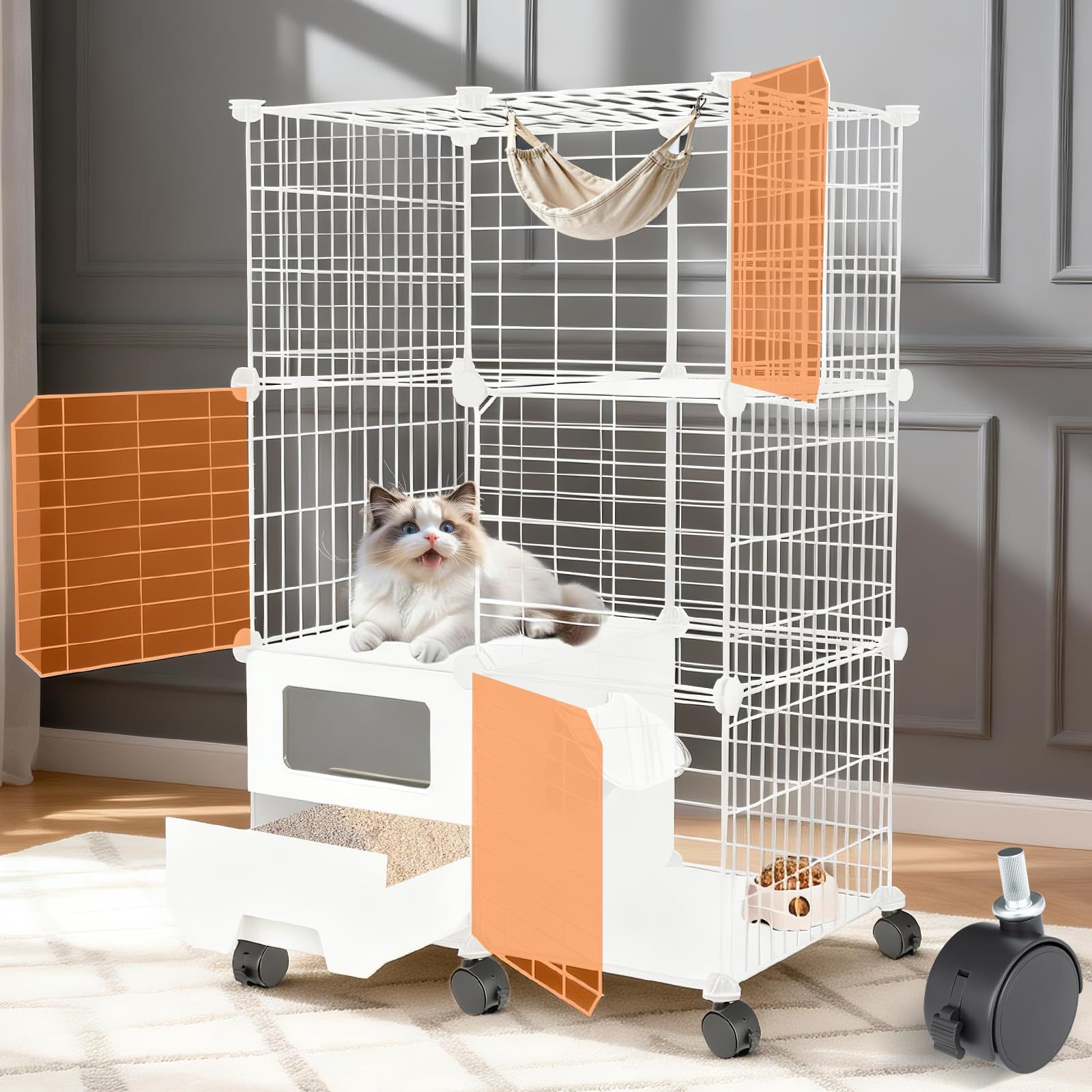 NODIBRO 猫 ケージ 2段 トイレ付き キャスター付き 猫用ケージ トイレ一体型 防臭 飛散軽減 キャットフェンス 多頭飼い 引き出し 組立簡単 掃除しやすい コンパクト 脱走防止 保護用 室内用 取り外し可能な 快適なスペース おしゃれ 約幅71x奥行
