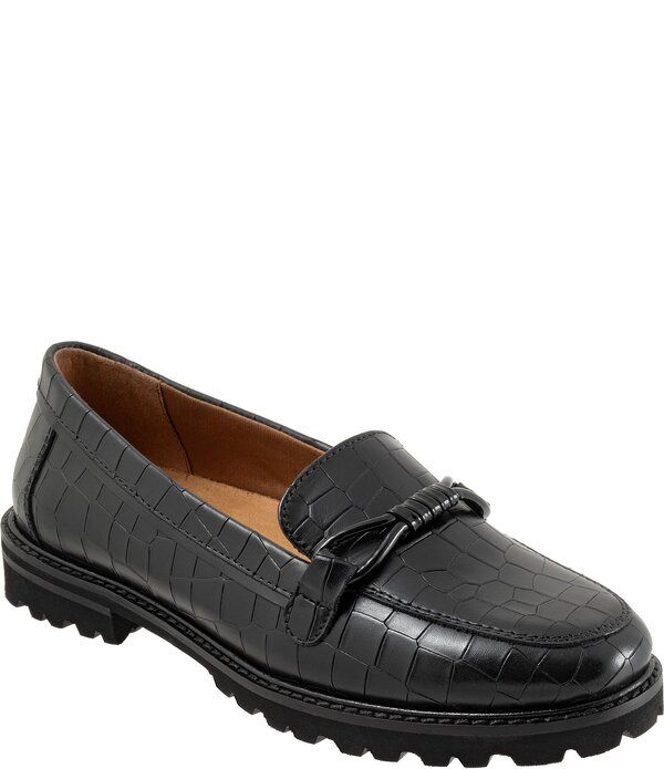 トロッターズ レディース シューズ スリッポン・ローファー レザー Trotters Fiora Croco Embossed Leather Lug Sole Loafers Black ブラック