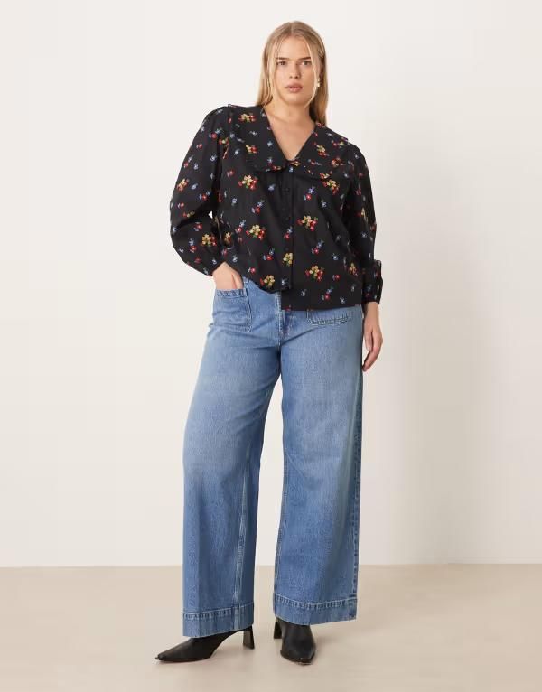 エイソス レディース ボトムス デニムパンツ ワイドレッグ ジーンズ ASOS Curve ASOS DESIGN Curve high rise wide leg jeans with front