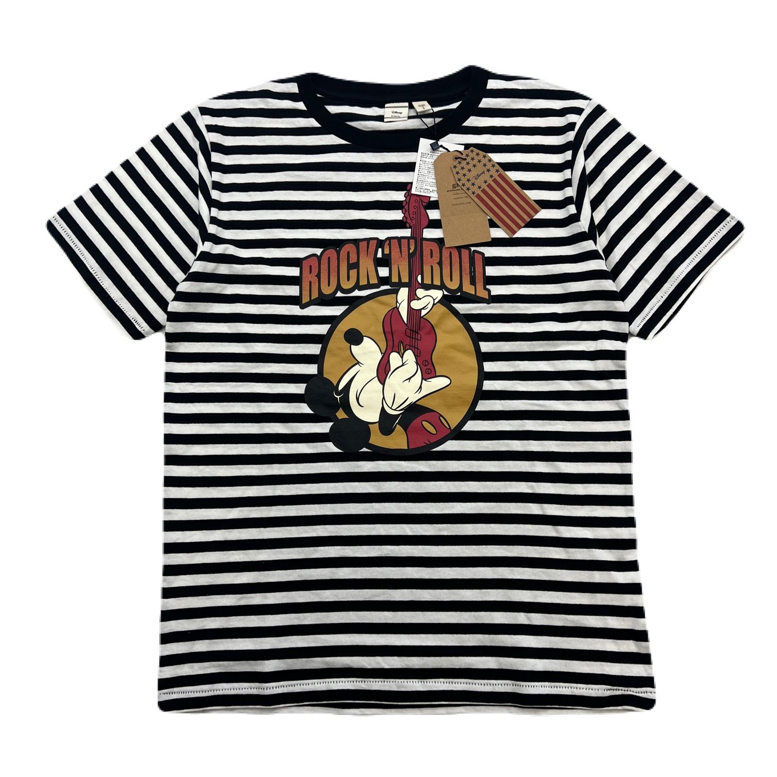 ディズニー × grn Tシャツ 半袖 メンズ M ボーダー柄 ホワイト ブラック ミッキー ギター 新品 タグ付 コラボ 限定