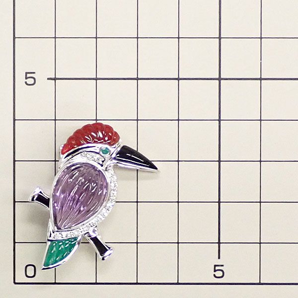 マルチカラーストーン ブローチ ダイヤモンド K14ホワイトゴールド 2way ペンダントトップ カワセミ 鳥 バード 動物 アニマル アメジスト エメラルド アゲート カルセドニー 中古 宝正 906865 マルチカラーストーン ブローチ ダイヤモンド K14ホワイトゴールド