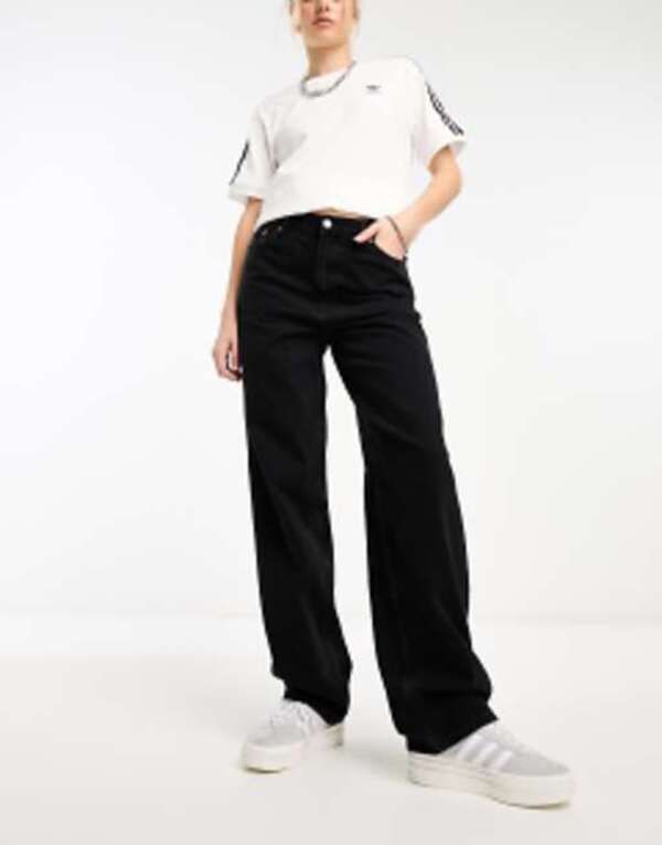 ウィークデイ レディース ボトムス デニムパンツ ストレート ジーンズ Weekday Rail mid waist loose fit straight leg jeans Black ブラック