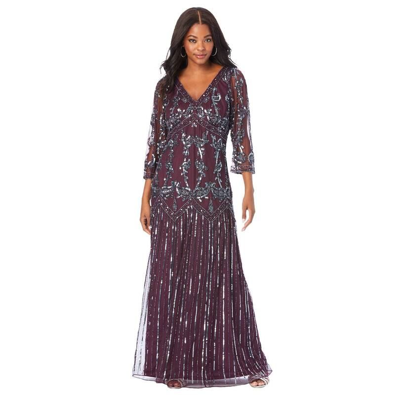 ロアマンズ レディース トップス ワンピース Vネック プラスサイズ マキシ Roamans Womens Plusize Beaded VNeck 34 Sleeve Maxi Gown Dark