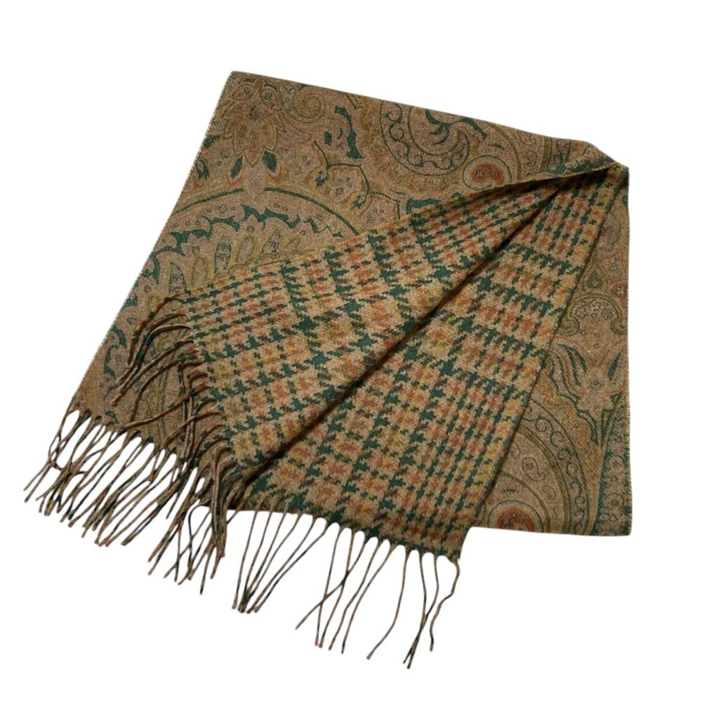 ETRO エトロ　ペイズリー柄マフラー　キャメルブラウン　ランボスウール 良品 ETRO エトロ ペイズリー チェック柄 カシミヤ100% マフラー