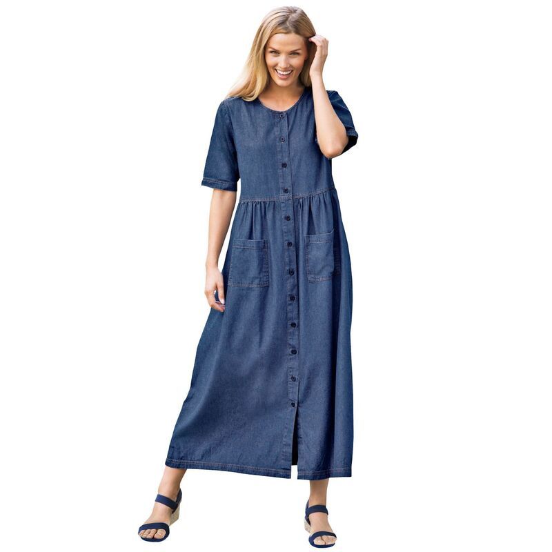 ウーマン ウィズイン レディース トップス ワンピース プラスサイズ プチ 半袖 デニム Woman Within Womens Plusize Petite Shortsleeve Denim Dr
