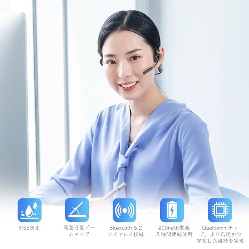 骨伝導イヤホン bluetooth マイク付き 通話専用 ノイズキャンセリングマイク 耳を塞がない 骨伝導ヘッドセット クリアな通話体験 オープンイヤーヘッドホン 自動ペアリング ハンズフリー通話 8時間連続再生 IP55防水防塵 Zoom 在宅ワーク テｍａ
