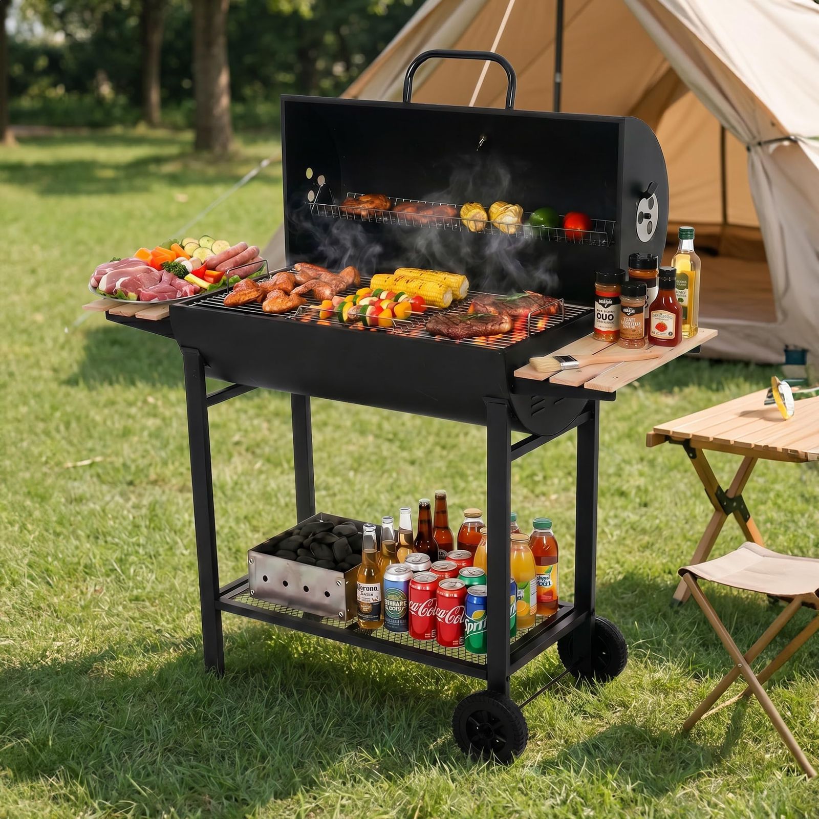 OSJ バーベキューコンロ焼き網 バーベキューグリル BBQスタンド 防風 温度計で検温可能 バレル式 キャンプ アウトドア 木製プレート 通気孔付き