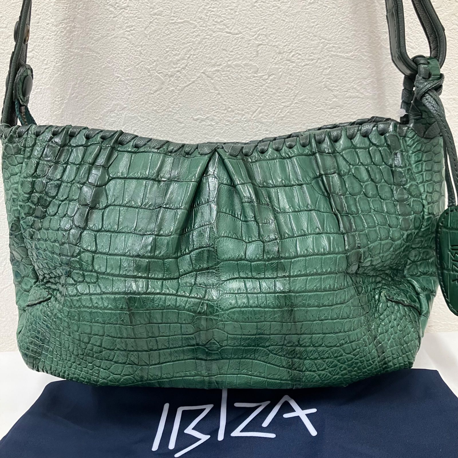 美品【IBIZA】ハンドバッグ　シャムクロコダイルステッチ　グリーン 4930 【美品】 IBIZA イビサ イビザ ショルダーバッグ グリーン レザー