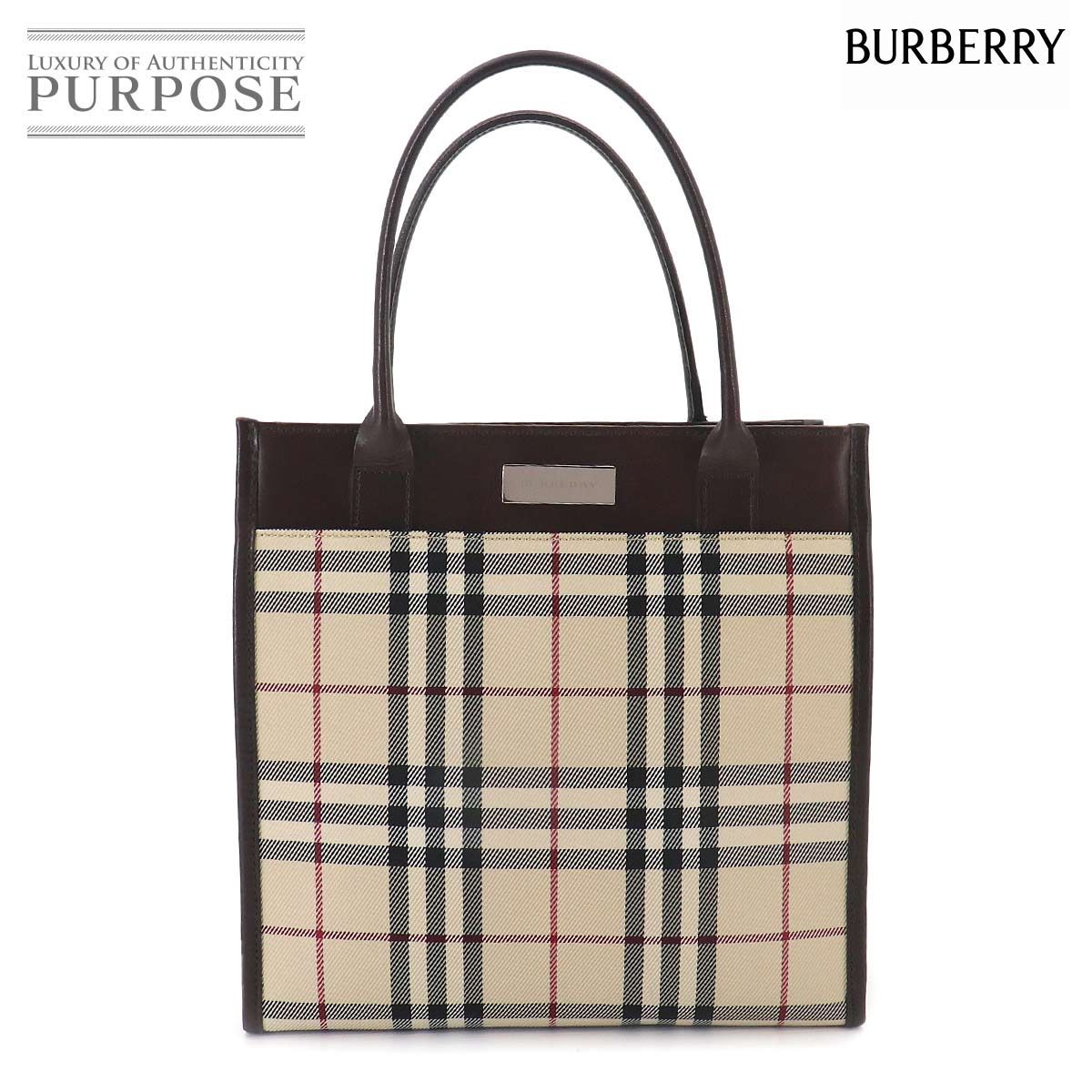 新品同様 バーバリー BURBERRY ノバチェック ハンド バッグ PVC レザー ベージュ ダークブラウン Hand Bag 90326078