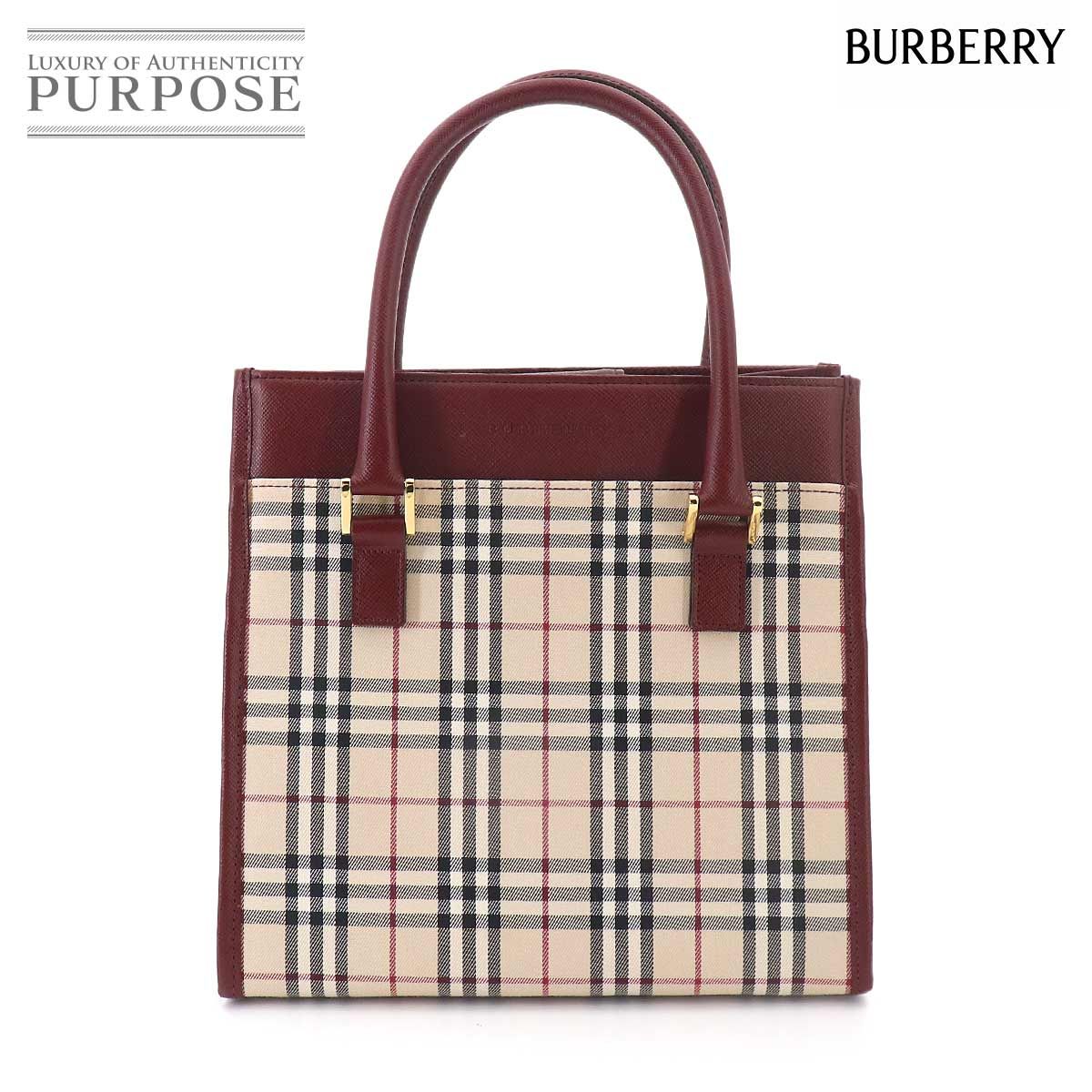 新品同様 バーバリー BURBERRY ノバチェック ハンド バッグ キャンバス レザー ベージュ ボルドー ゴールド 金具 Hand Bag 90327011