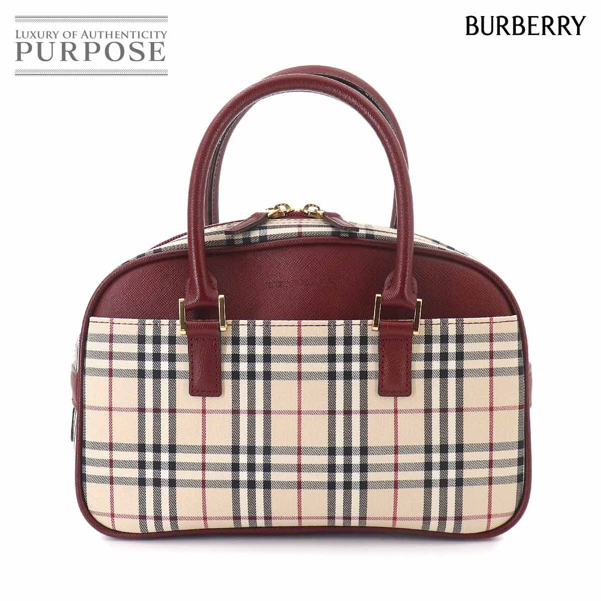 新品同様 バーバリー BURBERRY ノバチェック ミニ ボストン ハンド バッグ キャンバス レザー ベージュ ボルドー Mini Boston Bag 90327026