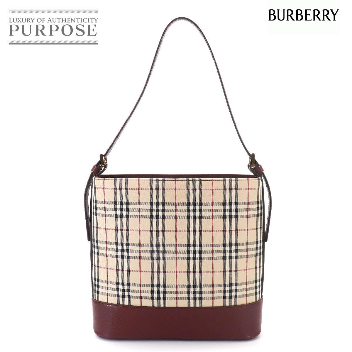 新品同様 バーバリー BURBERRY ノバチェック ショルダー バッグ キャンバス レザー ベージュ ボルドー ゴールド 金具 90328482