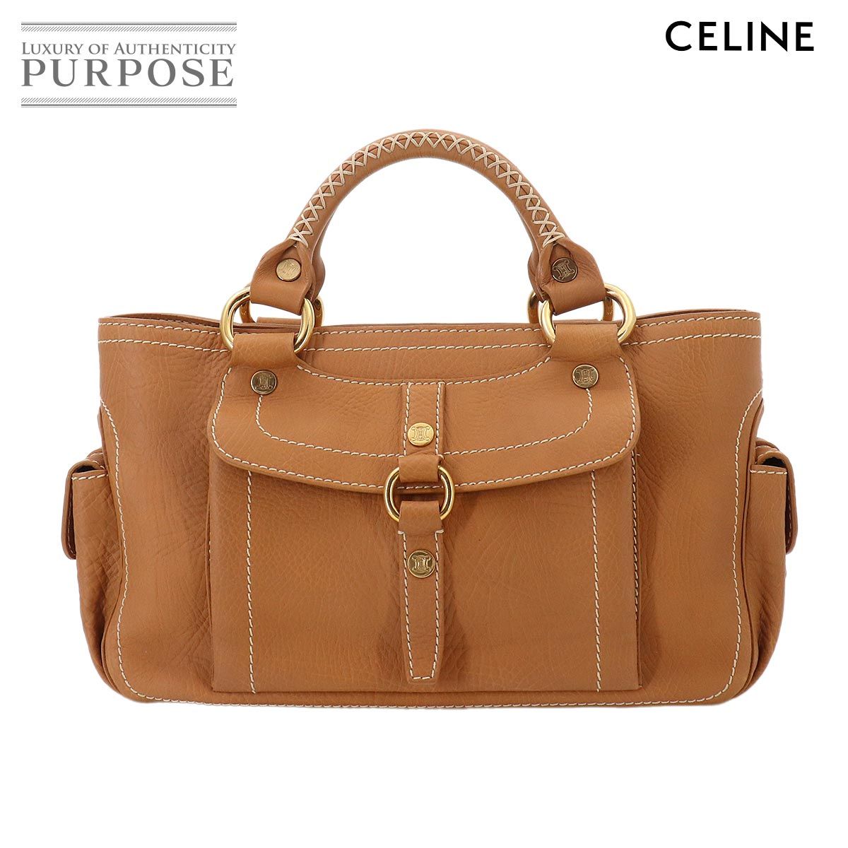 新品同様 セリーヌ CELINE ブギーバッグ ハンド バッグ レザー キャメル ゴールド 金具 Boogie Bag 90328530