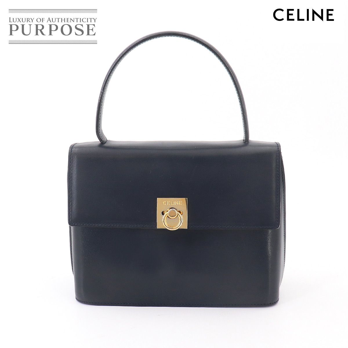 セリーヌ CELINE ハンド バッグ レザー ネイビー ゴールド 金具