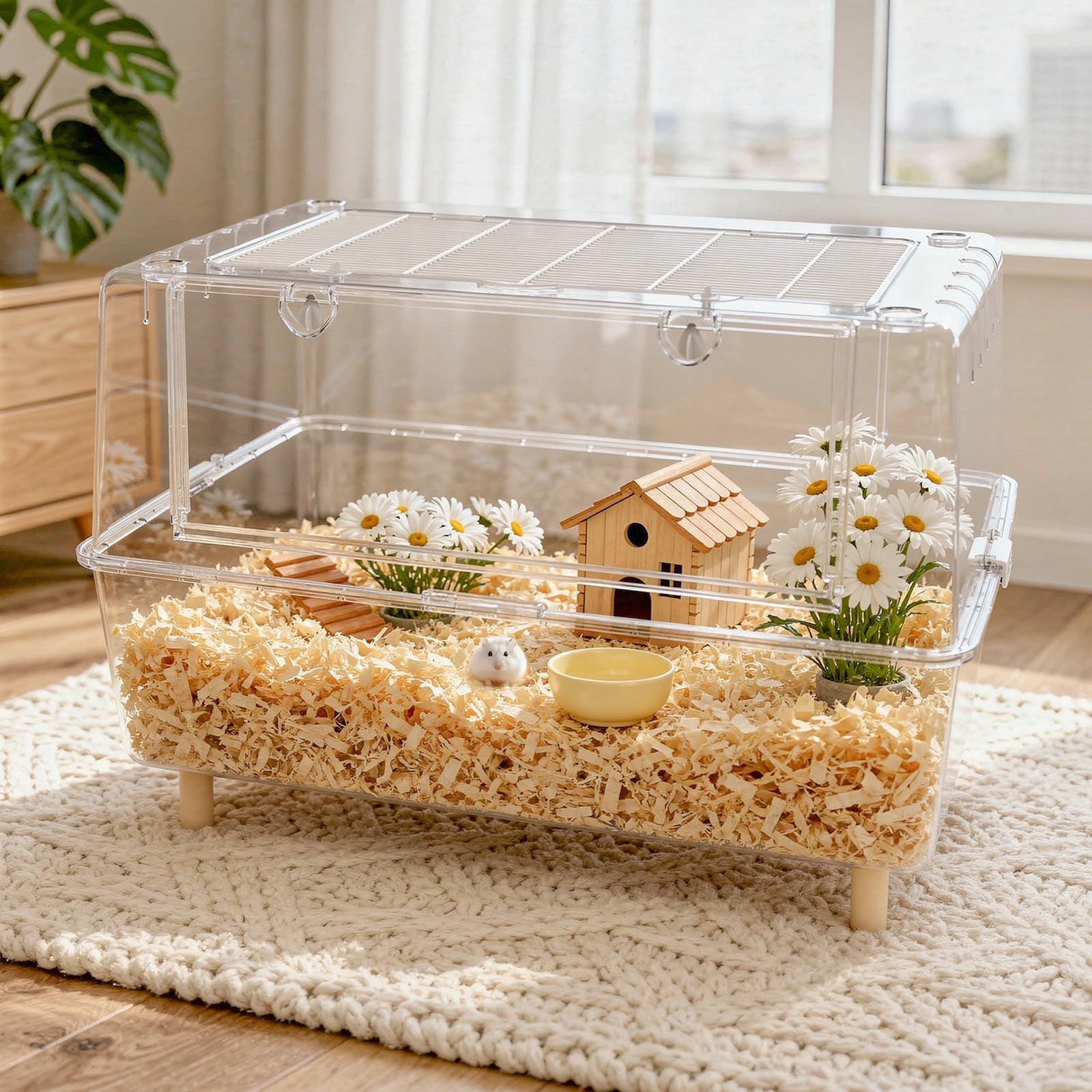 Yulezen ハムスターケージ 75cm 大型 ゴールデンハムスター キンクマ 飼育ケージ 透明 PET製 深型 20cm底盆 床材 飛び散り防止 通気性 組み立て簡単 小動物 ハウス 広い お掃除しやすい おしゃれ (75×47×50cm)