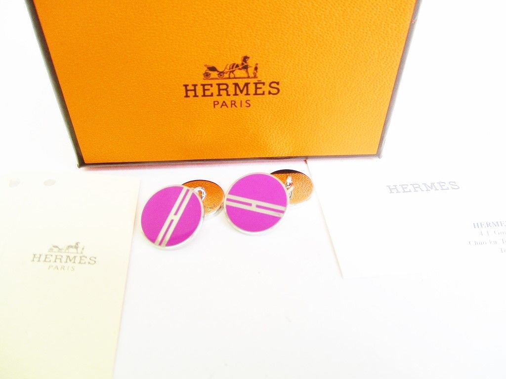 【未使用保管品】 HERMES エルメス シルバープレーテッド H モチーフ カフス カフスリンクス メンズ レディース ピンク×シルバー