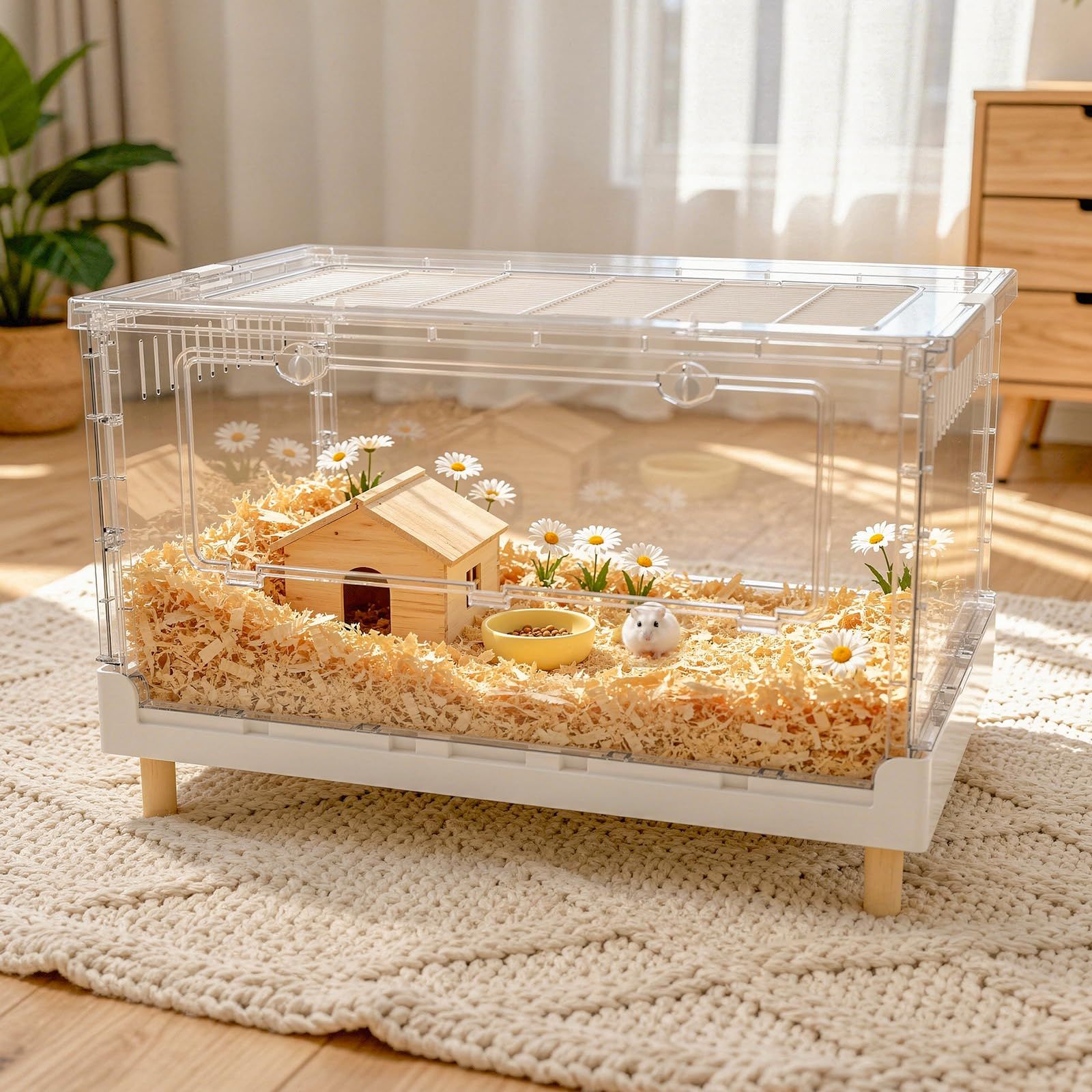 Yulezen 折りたたみ式アクリル透明ハムスターケージ、小動物用の快適で広々とした居住空間（ハムスター、モルモット、リスに最適）(70.5x43.5x39cm)