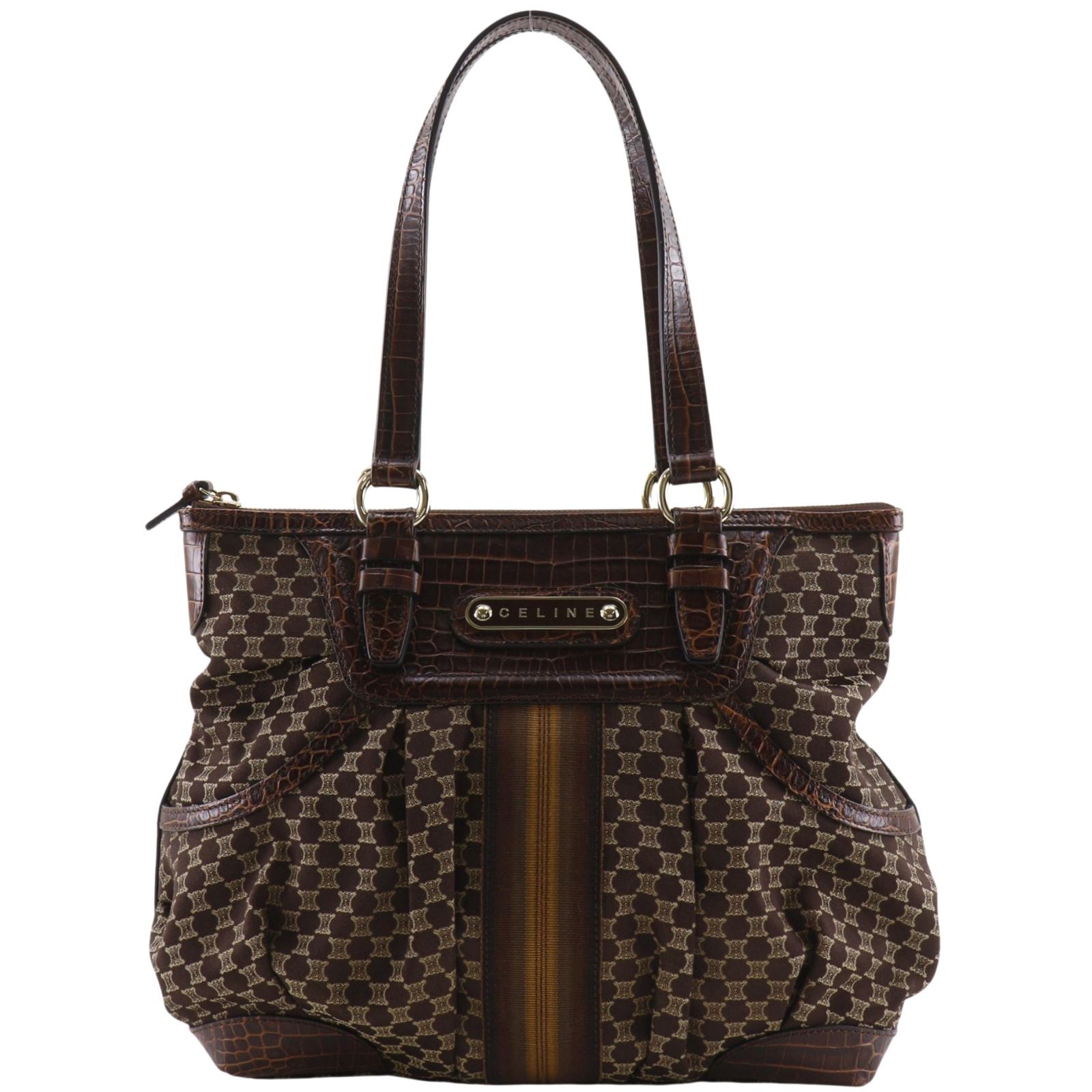 【CELINE】セリーヌ マカダム柄 型押しレザー×ナイロンキャンバス 茶 レディース トートバッグ