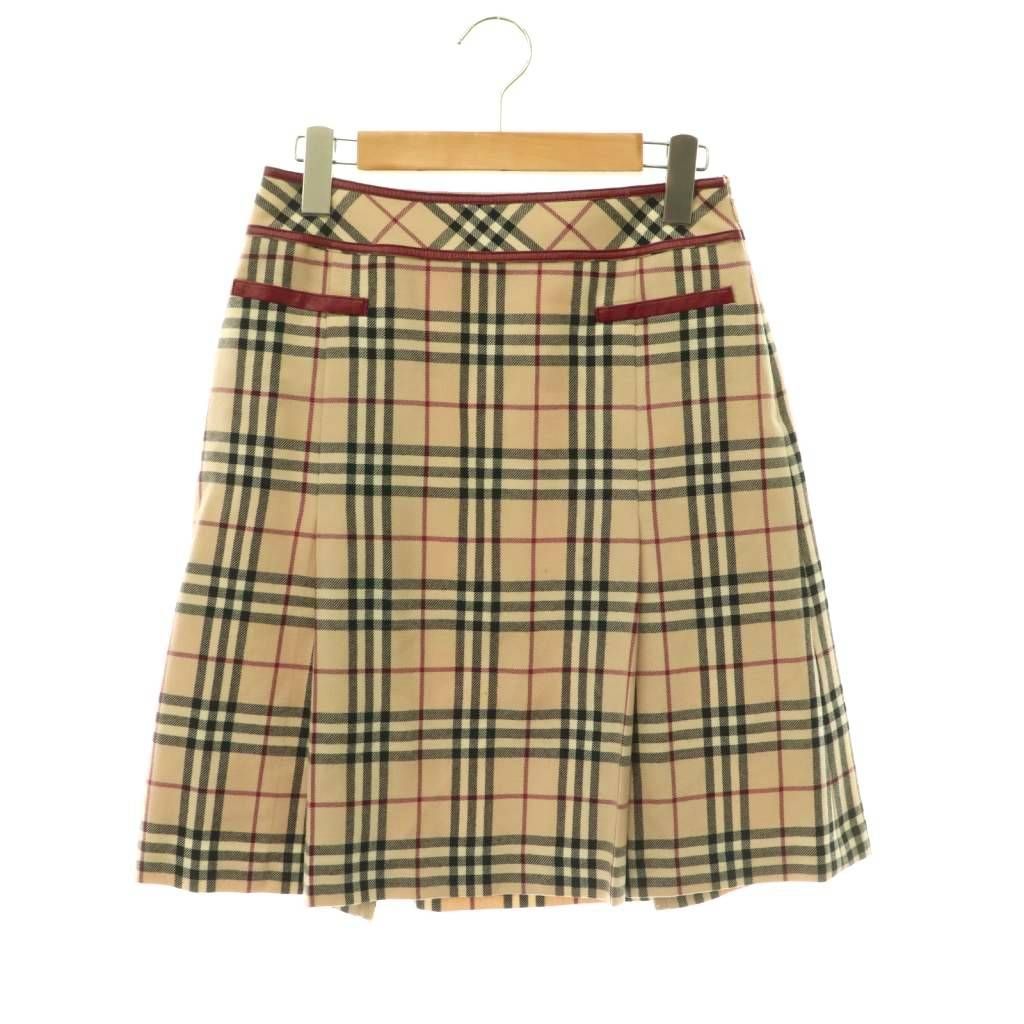 バーバリーブルーレーベル BURBERRY BLUE LABEL チェックスカート 膝丈 フレア ノバチェック 38 ベージュ レッド マルチカラー /DO ■OS