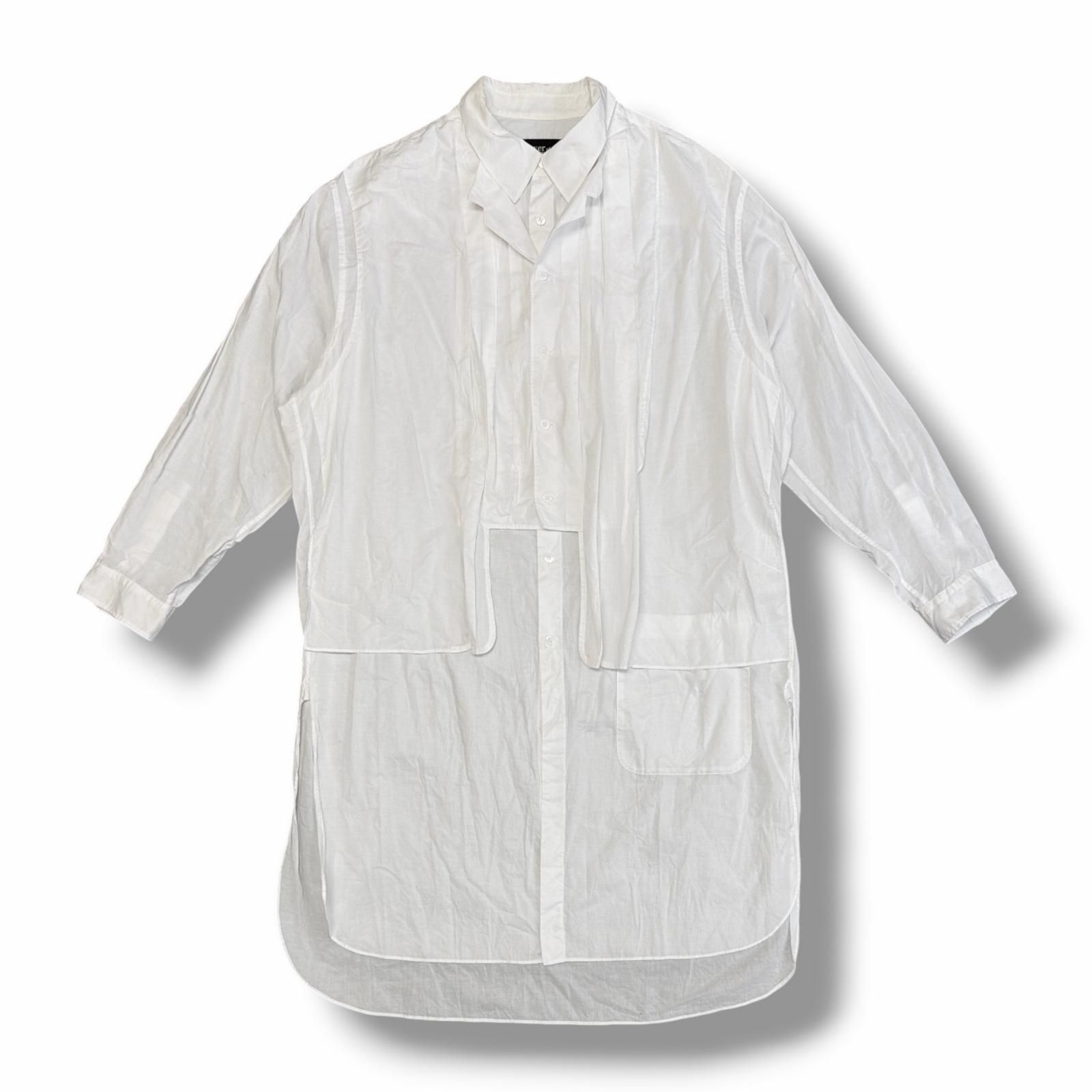 参考上代63800円 Yohji Yamamoto POUR HOMME 22AW 前二重プリーツBIGB ロングシャツ 長袖シャツ ヨウジヤマモトプールオム HE-B79-094 ホワイト 3 （18512M）