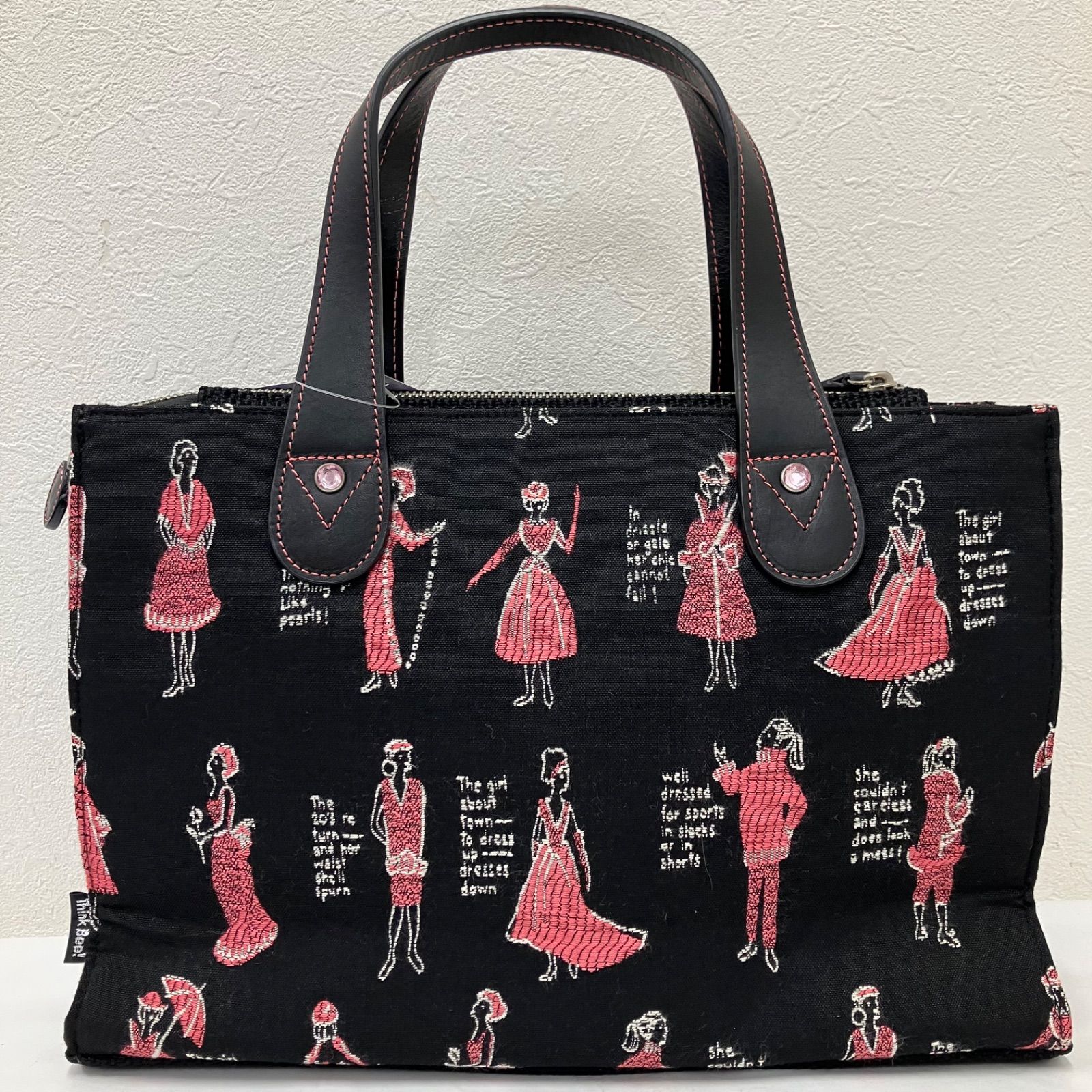 Y4815　【美品】　Think Bee!　シンクビー！　トートバッグ　ハンドバッグ　ブラック　黒　ピンク　レディース　刺繍　スパンコール　ビーズ