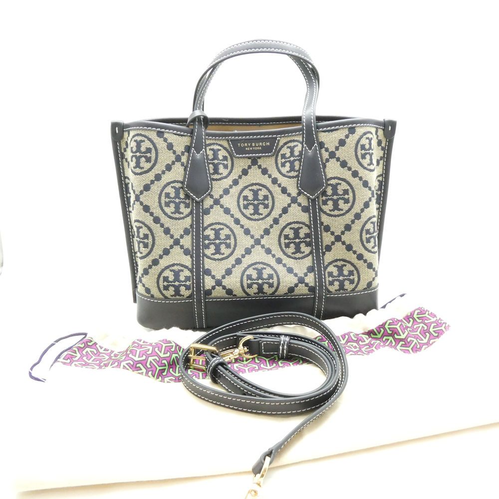 美品 TORY BURCH トリーバーチ ペリー Tモノグラム スモールトートバッグ レザー 2wayショルダー ジャカード かばん 鞄 レディース AU4497