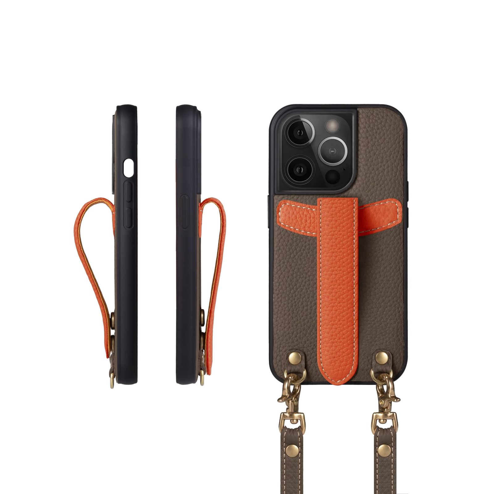 COGURE コグレ iPhone14Pro ケース ショルダーストラップ 本革 落下防止 耐衝撃 ギフトボックス付き COPG エトープ+オレンジ【Etoupe+OG】