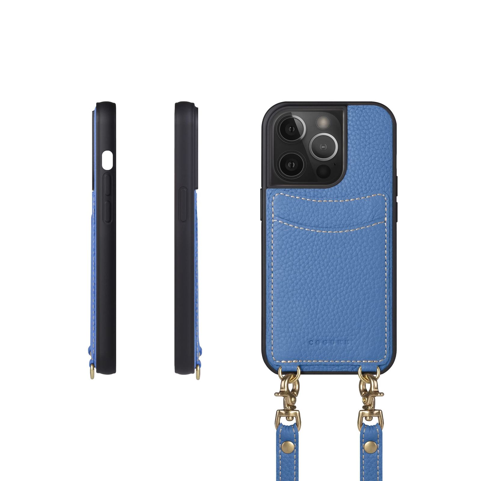COGURE スマホケース iPhone15Pro用 ケース ショルダーストラップ 本革 カード収納 落下防止 耐衝撃 ギフトボックス付き COPGCS シアン【Cyan】