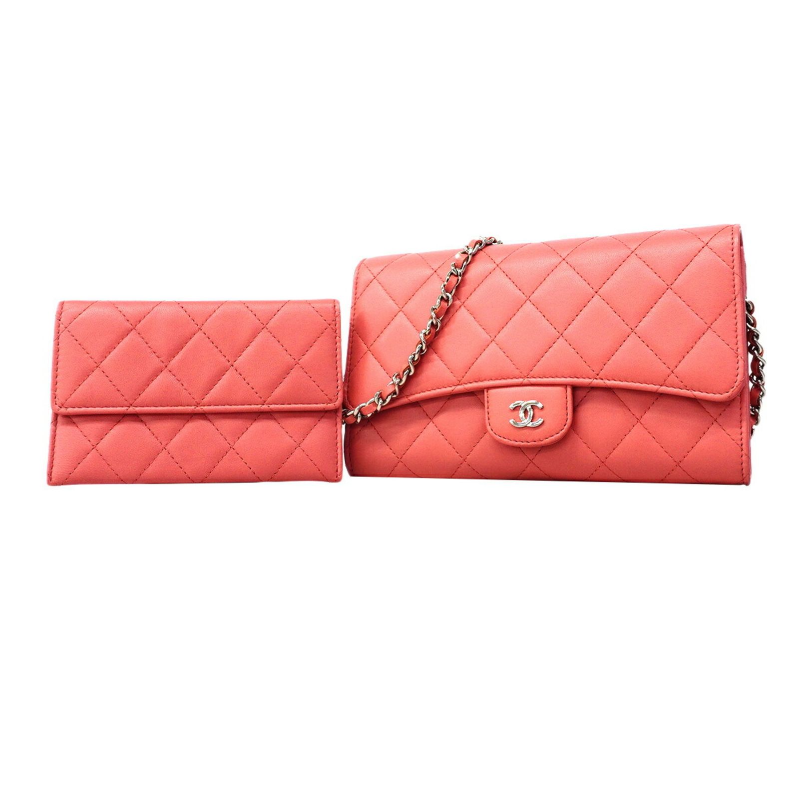 シャネル(Chanel) シャネル 財布・ショルダーウォレット マトラッセ チェーンショルダー ラムスキン ピンク レディース