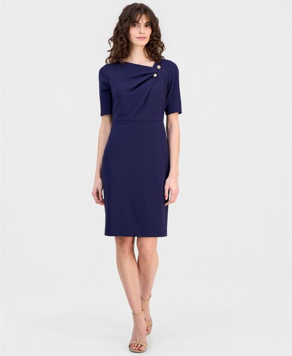 アンクライン レディース トップス ワンピース アシンメトリー Anne Klein Womens AsymmetricNeck ElbowSleeve Dress DEEP NAVY ネイビー