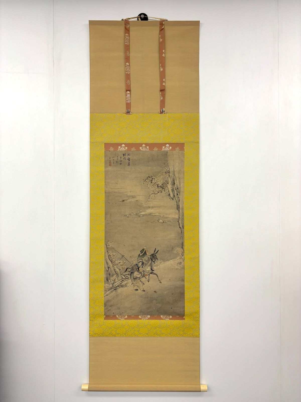 高級 掛軸 単啓『踏雪尋梅』中国古来の美 山水人物画 騎驢高士図 浙派 馬夏派風 骨董