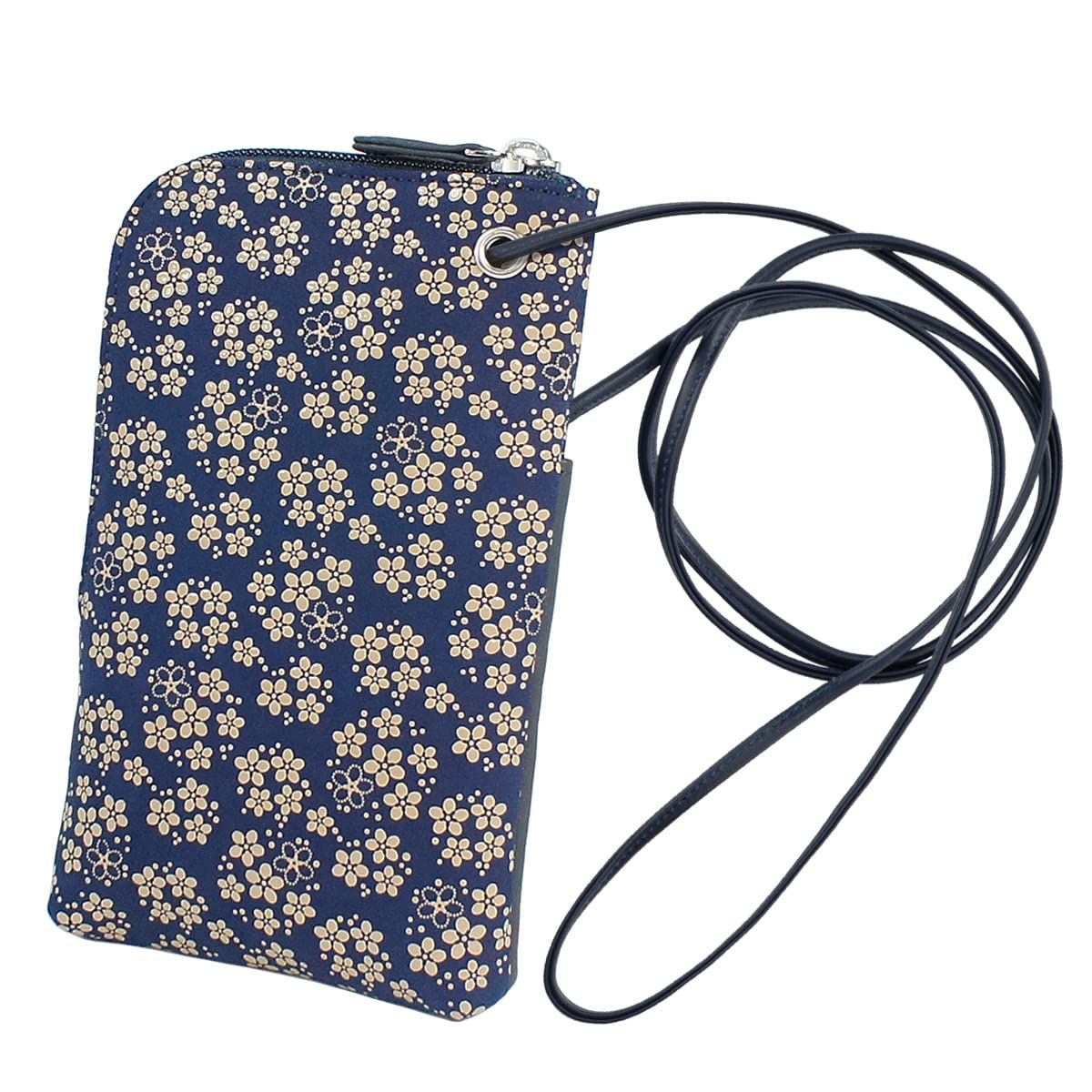 [印傳屋] 印伝 スマホポシェット スマホケース 鹿革 紺地×白漆 忘れな草柄 5027-14-181
