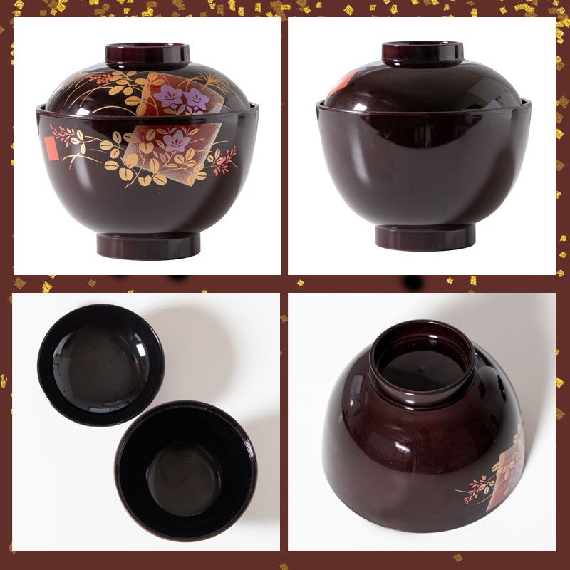 ◆蓋付き汁椀　お吸い物椀　雑煮椀　会津塗　5客　未使用品 吸物椀 蓋付き 11cm 食洗機対応 電子レンジ対応 日本製 会津塗り 蒔絵
