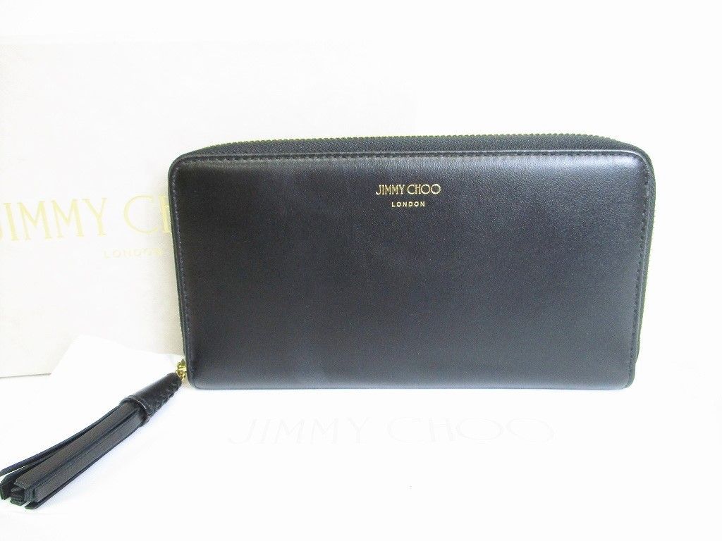 【新古品】 Jimmy Choo ジミーチュウ レザー ラウンドファスナー 長財布 メンズ レディース 黒
