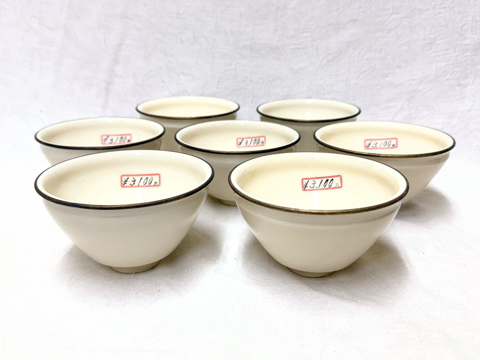 D152 京焼 天目茶碗 数茶碗 7客セット 白 万代草山作 金覆輪付 未使用 抹茶碗 茶道具 茶器 長期保管品
