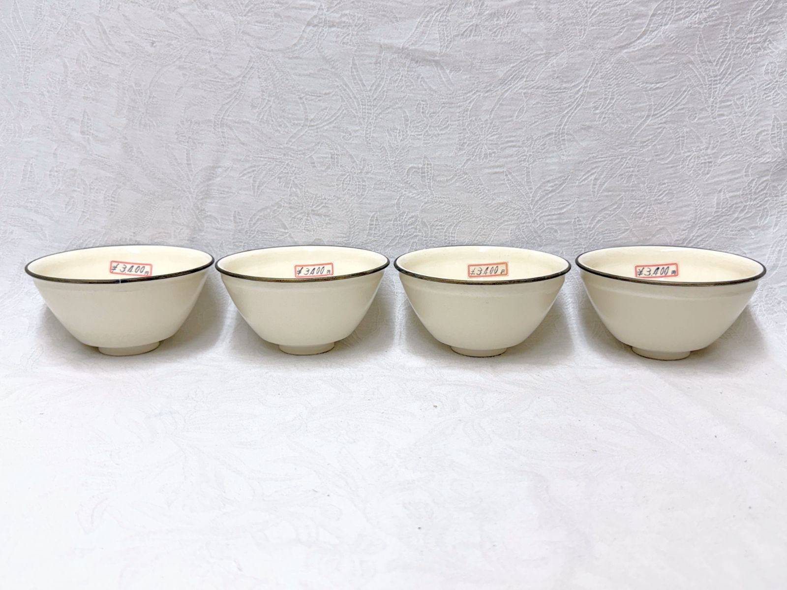 DM155 京焼 天目茶碗 数茶碗 4客セット 白 山川巖作 金覆輪付 未使用 抹茶碗 茶道具 茶器 清水焼 長期保管品
