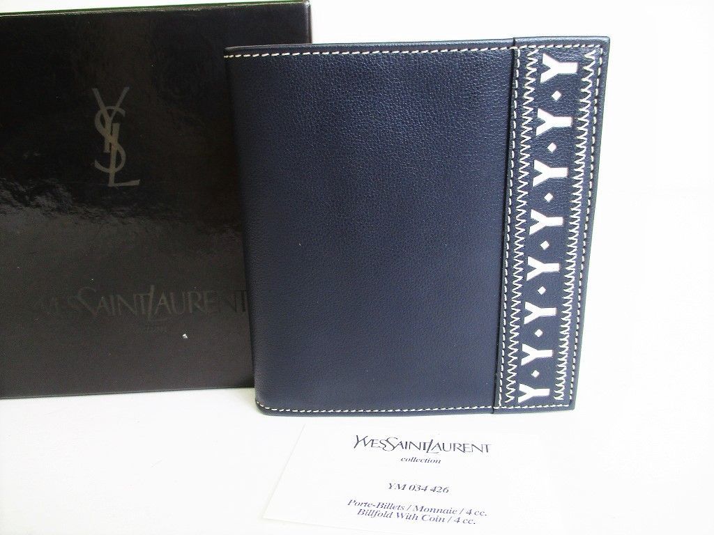 【超希少】 【未使用保管品】 イヴ サンローラン Yves Saint Laurent YSL レザー Yカット 2つ折り 財布 コンパクト財布 メンズ レディース ネイビー