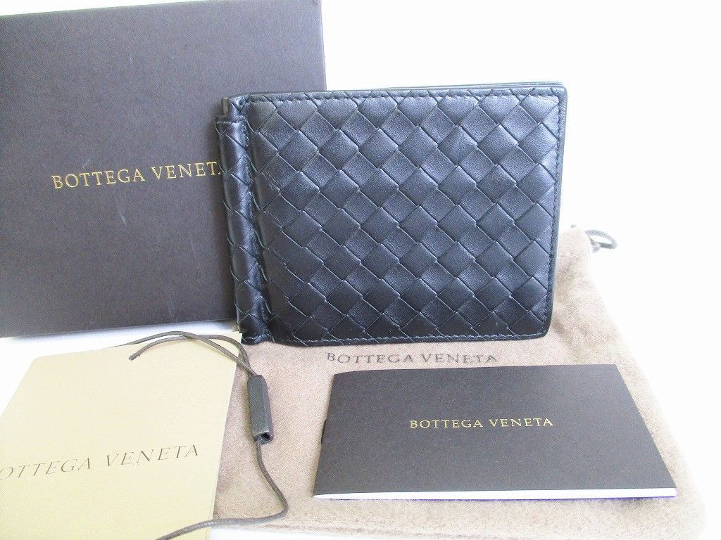 【超美品】 ボッテガヴェネタ BOTTEGA VENETA イントレチャート マネークリップ付き 二つ折り ウォレット 札入れ 財布 メンズ ネロ 黒