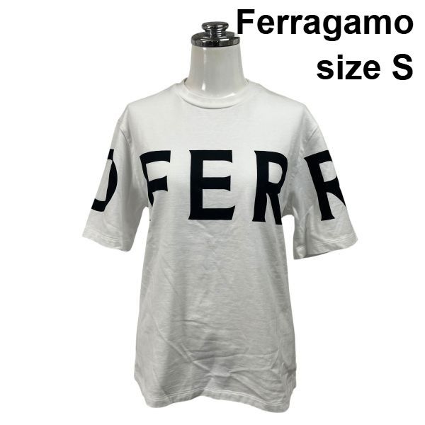 ●□ フェラガモ Ferragamo マクロロゴプリントTシャツ 五分袖 クルーネック ブランドロゴ バイカラー コットン S 7号 レディース S6F455