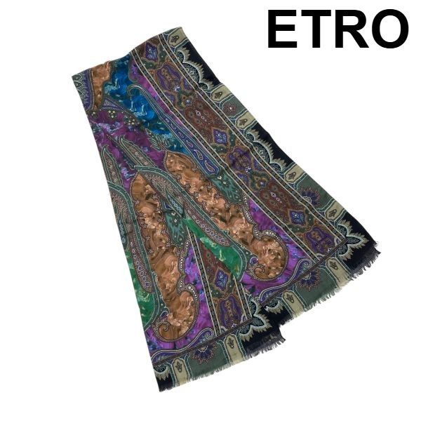 エトロ ETRO ストール ショール 大判 ペイズリー柄 フリンジ 総柄 パープル グリーン マルチカラー カシミア シルク レディース 6D319