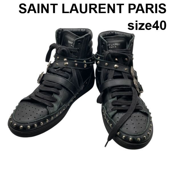 サンローランパリ SAINT LAURENT ハイカットスニーカー シューズ メタルスタッズ ダブルバックルベルト 黒 レザー 40 約25cm メンズ 6D322 22,946円