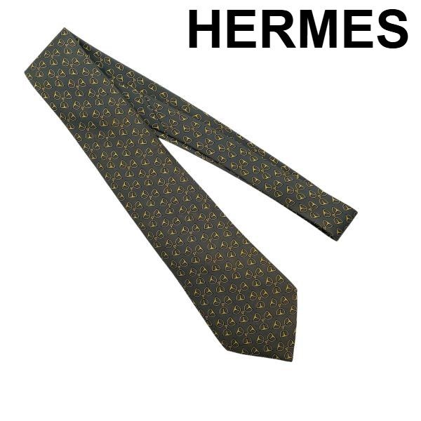 ● エルメス HERMES シルクツイルタイ ネクタイ 馬具モチーフ あぶみ柄 総柄 グレー 黄色 シルク100％ 絹100％ メンズ 6D323